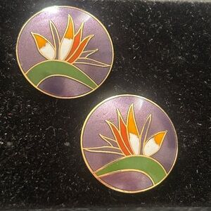 Vintage Laurel Burch bird of paradise cloisonné pierced earrings. Signed.
